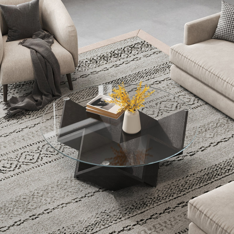 Table basse 35,4 "ronde en verre avec base de rangement géométrique Art Déco, Transparent / Black