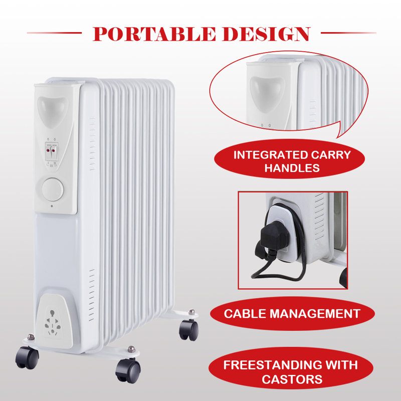 Ned 2500W 11 Fin Oil Filled Radiator Portable Electric Heater with Thermostat, White