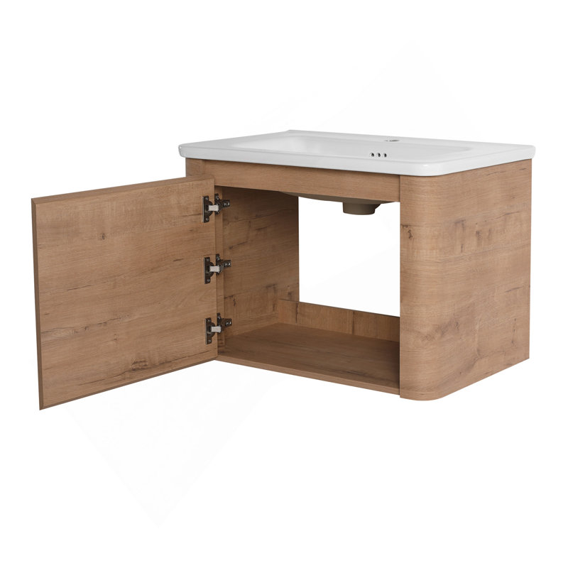 Meuble-lavabo mural 28 po avec lavabo en céramique blanche et porte à fermeture en douceur, Imitation chêne, 28"