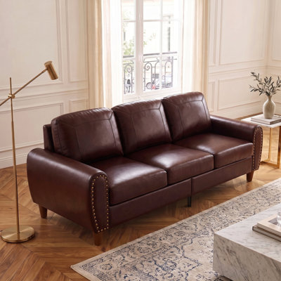 Canapé en similicuir, canapé rembourré en similicuir respirant avec accoudoirs ronds, garniture cloutée, pieds en bois massif, housses de coussin à fermeture à glissière amovibles pour le salon