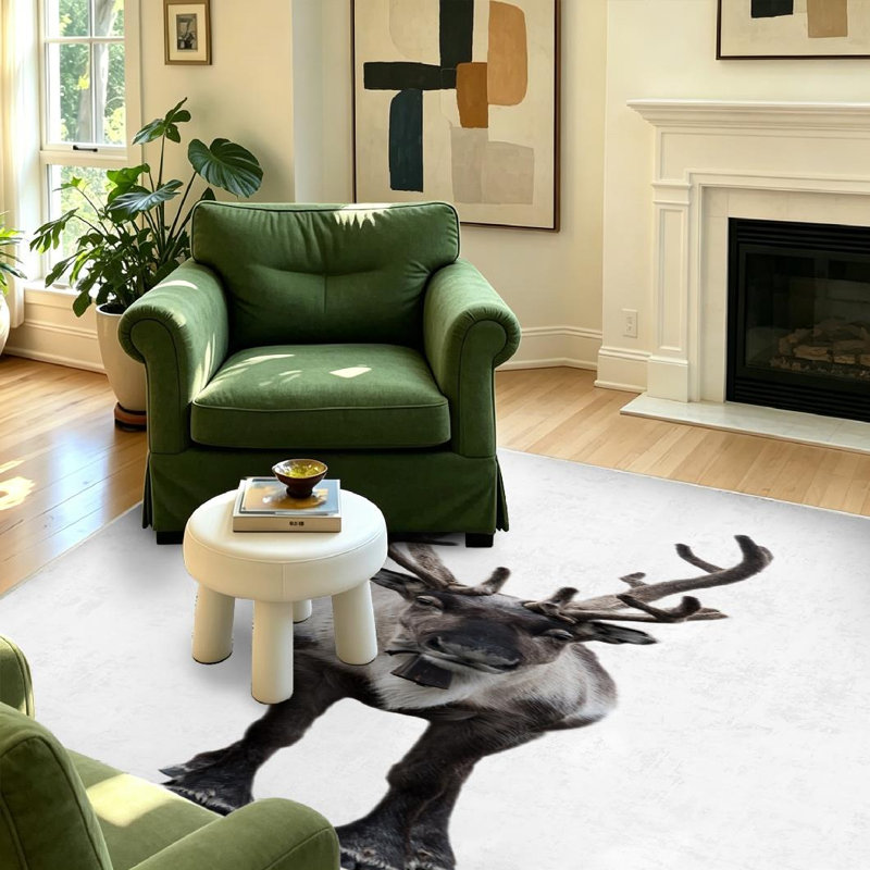 Tapis d'intérieur blanc lavable à la machine, représentant un renne de face isolé sur un tapis., Rectangle 39" x 63"