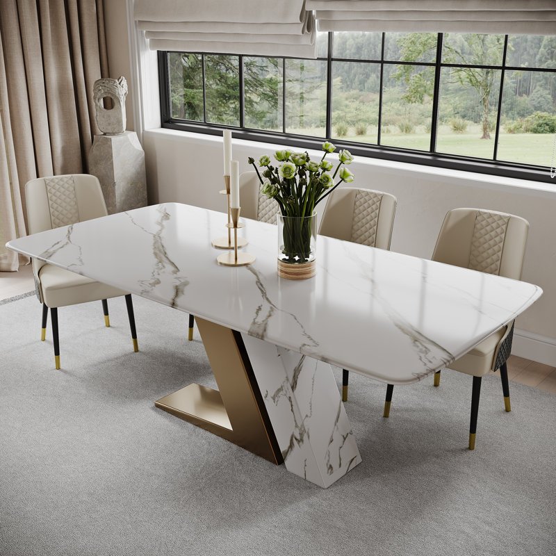 Table de salle à manger rectangulaire moderne en pierre frittée blanche avec base en forme de Z, Doré