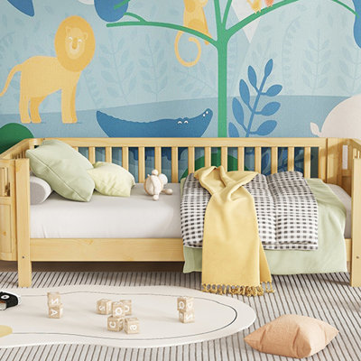Lit plateforme simple en bois pour enfants, lit simple en bois à profil bas avec rails pour filles et garçons, (conception brevetée, ancien SKU W2593P190150)