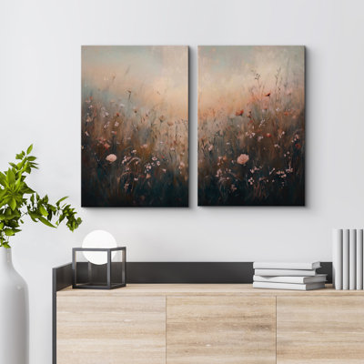Romantic Wildflower Meadow Canvas Print Wall Art Set of 2 - Dreamy Botanical Decor for Living Room or Entryway