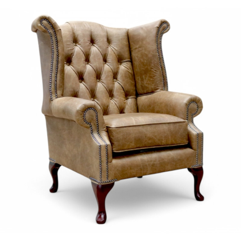 High Back Chesterfield Upholstered Wingback Chair, Cracked Wax Tan