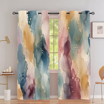 2PCS Grommet Top Artistic Abstract Watercolor Brush Splash Printed Polyester Curtains, Thermal Insulated Noise Reducing Blackout Room Darkening Curtains with Privacy Protection, Decorative Indoor Window Panels for Bedroom Living Room Home Decor