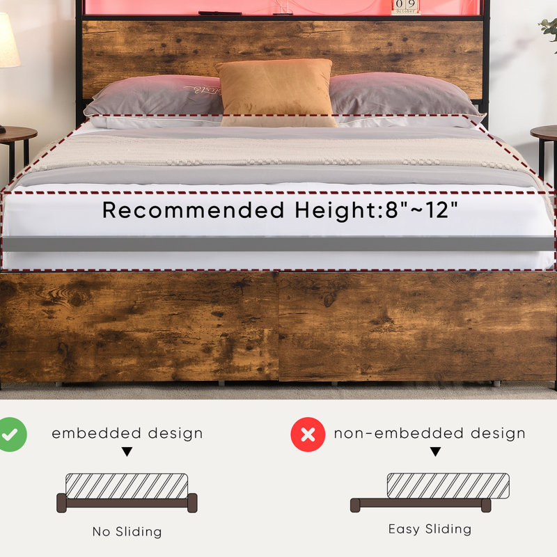 Queen Bed Frame With , 2 Tier Storage, Strong Metal Support, Box Spring , Convenient Platform Size, Led Headboard, Drawers, Silent Environment