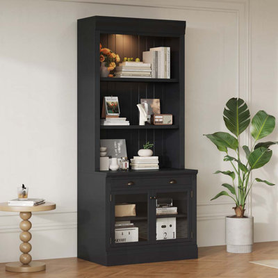 Bibliothèque haute avec éclairage à DEL, bibliothèque moderne avec 2 portes en verre et 1 tiroir, bibliothèque de rangement avec tablettes ouvertes pour le salon, le bureau personnel
