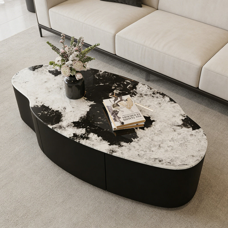 Table basse haut de gamme en verre trempé avec tiroir, H 15,74 po x L 47,24 po x l 23,62 po, Noir / blanc