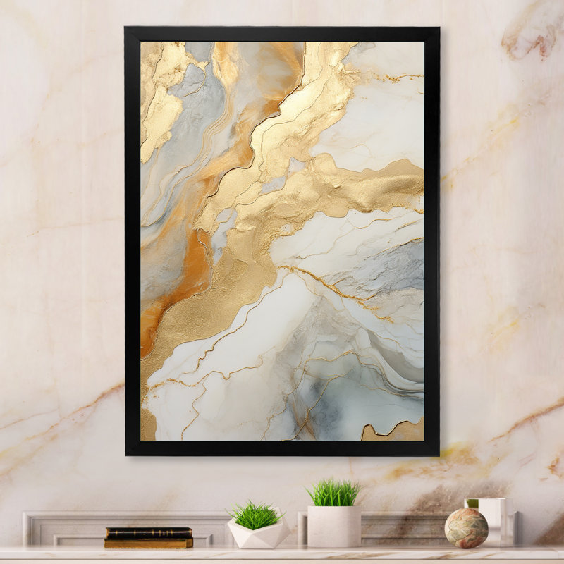 «Beige and Gold Glacier Stone Art», reproduction sur toile, Cadre simple noir, H 20 po x l 12 po x P 1 po