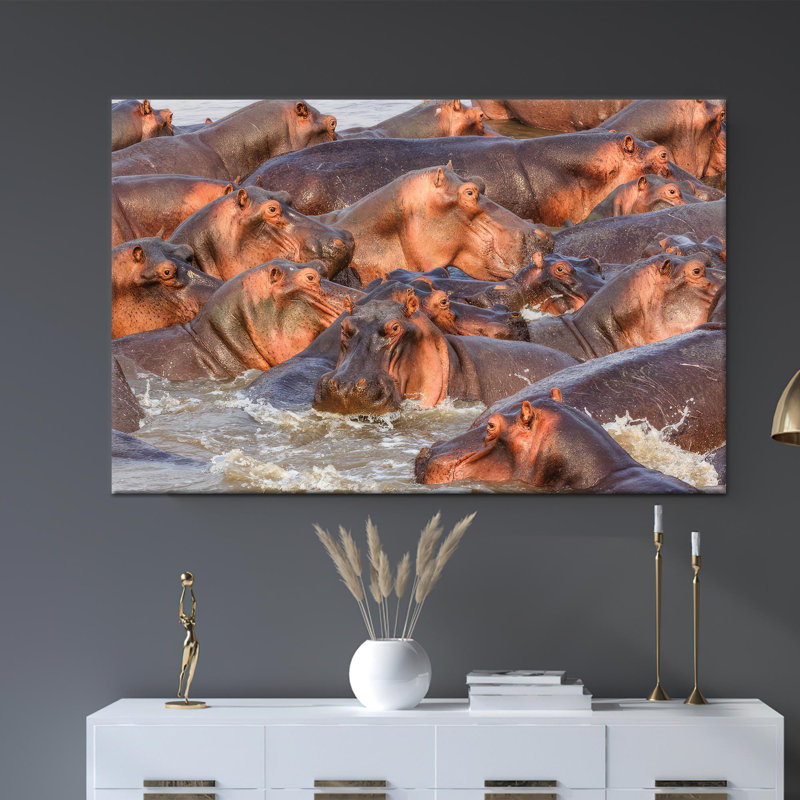 Élégant art mural en verre hippopotame: Toile imprimée, motif animalier noir 1P, 19,8 po de hauteur x 27,6 po de largeur
