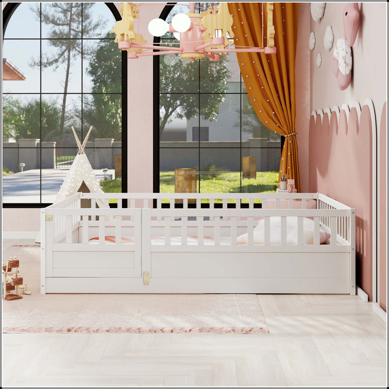 Lit sur pied avec barrière de haute sécurité et porte Montessori, Lit double, Blanc