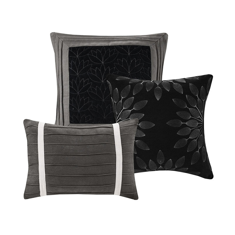Édredon 7 pièces - très grand, suède noir avec coussins au design moderne, Édredon de très grande taille et 6 pièces suppl