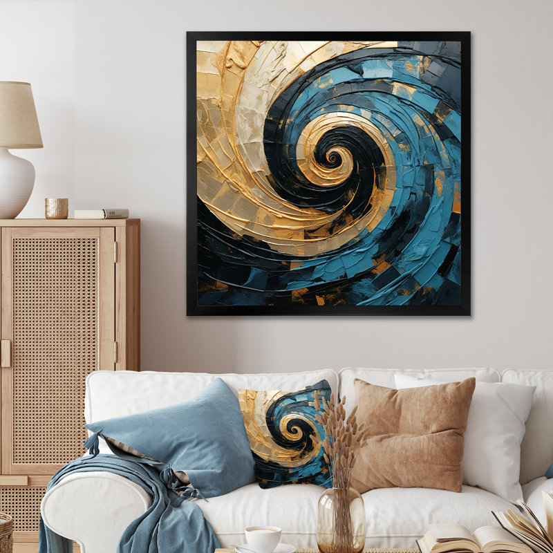 Or bleu, minimalisme, spirales, poteries - spirales abstraites, art mural, H 30 po x l 30 po x P 1 po, Cadre simple noir
