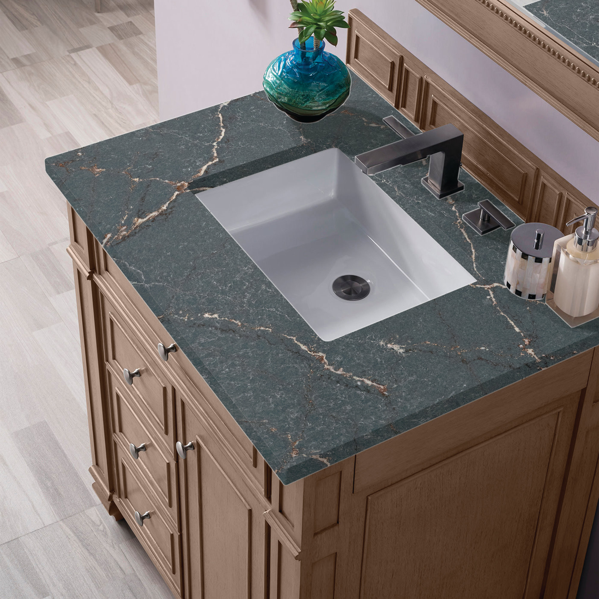 Bristol 30'' W Single Vanity, Parisien Bleu Quartz, 8" Widespread, Whitewashed Walnut
