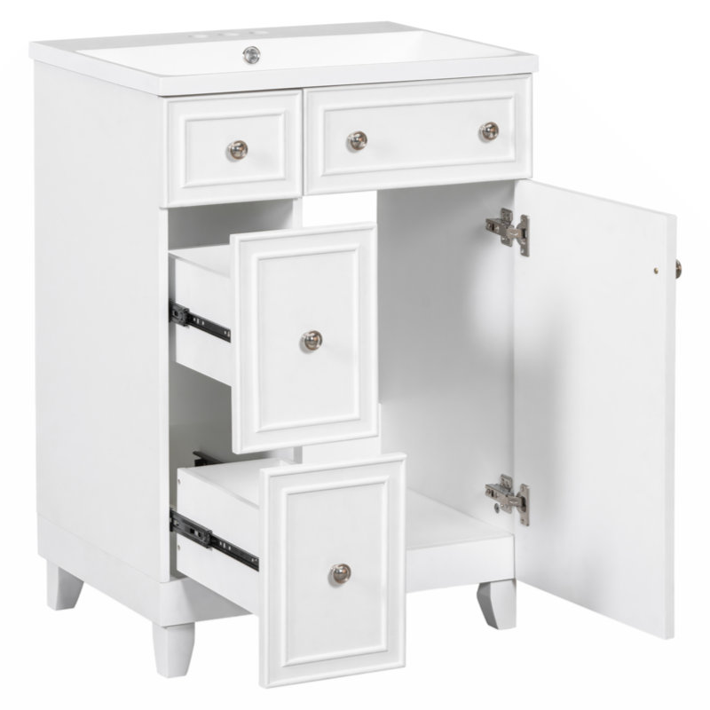 Armoire de meuble-lavabo 24 po avec lavabo intégré en résine, 2 tiroirs, 1 porte - facile à nettoyer, grand espace de rangement