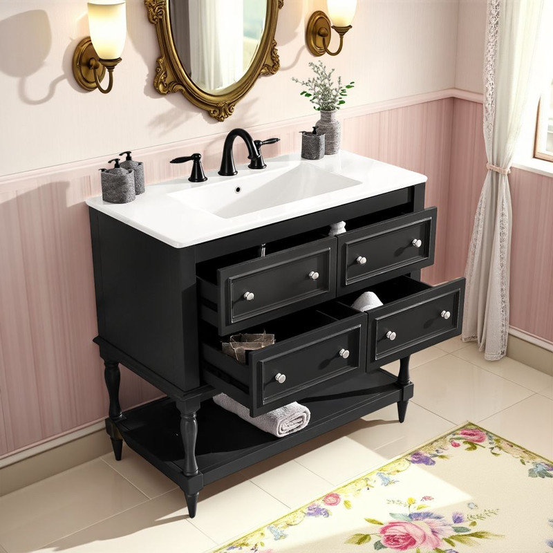 Meuble-lavabo en bois massif 36 po avec lavabo en céramique 36 po - Assemblage facile, Noir
