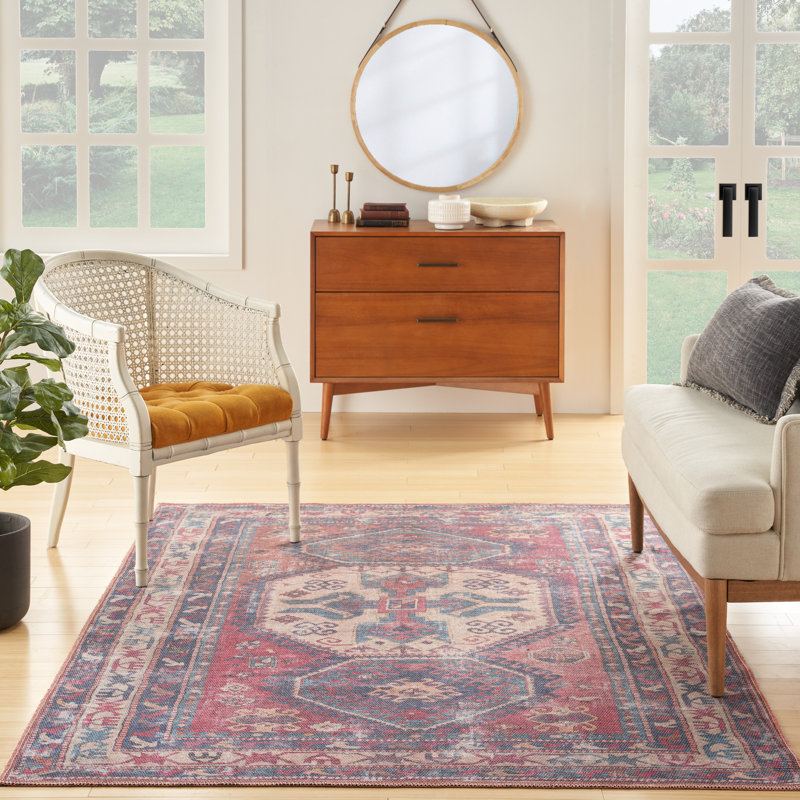 Tapis bleu marine / rouge pâle / beige lavable à la machine, Rectangle 6 pi x 9 pi