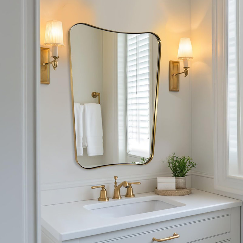 Contemporary Concave Scalloped Irregular Bathroom Vanity Mirror | Stainless Steel Frame, Brushed Gold, 30" x 22"