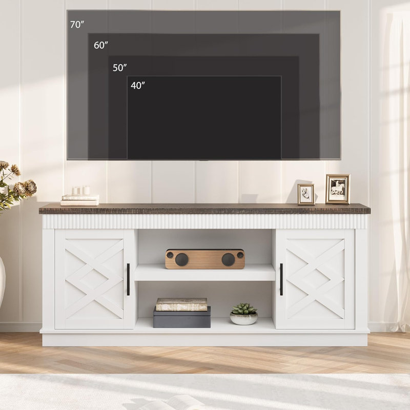 Farmhouse TV Stand for 70/75 in TVs, 65 in Long Entertainment Center w/ 2 Door &Open Storage Shelf, Rustic Fluted Television Consoles Stands for Living Room, Bedroom