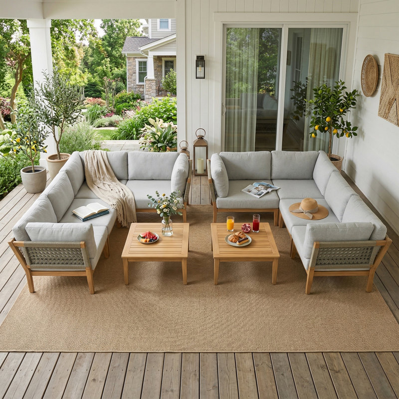 Solterra 10-Piece Outdoor Sectional Set – Teak & Rope, Plush Cushions for Entertaining