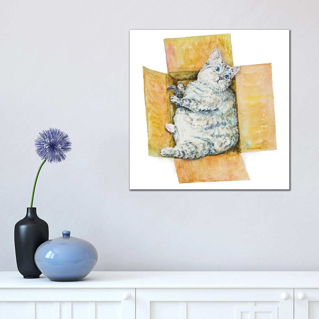 Fat Cat In The Box by Alexey Dmitrievich Shmyrov - Wrapped Canvas Print