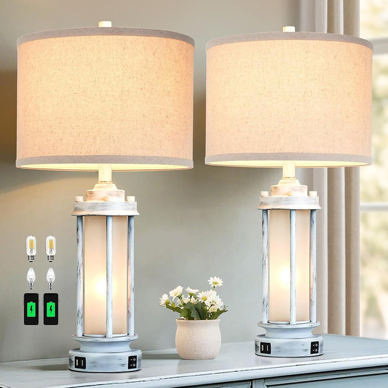 Ensemble de 2 lampes de table de style campagne antique blanc avec ports USB C + A et veilleuse