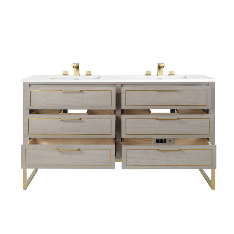 Markham 60'' W Double Vanity, Cashmere Gray, White Quartz, Satin Brass