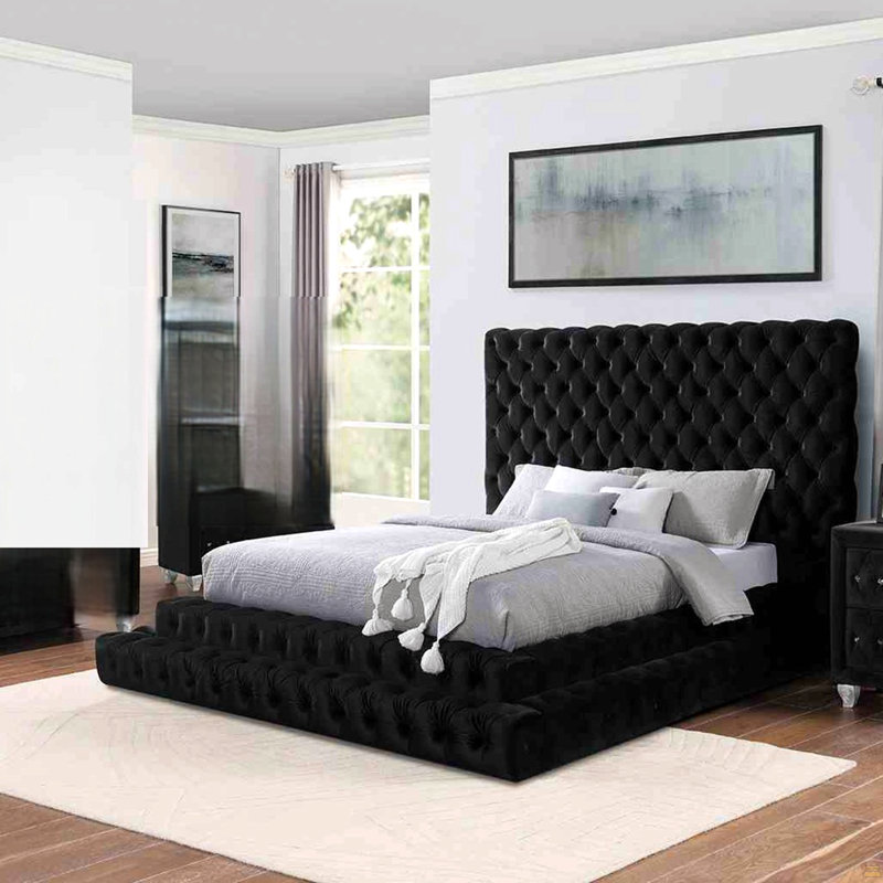 Lit plateforme grand et capitonné 1pc, Black, Grand lit