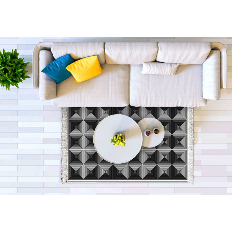 Tapis géométrique tissé à la machine rectangulaire noir / blanc 2 pi 7 po x 3 pi 11 po Sabatino