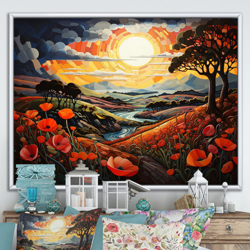 «Countryside Red Poppy Field IV», reproduction d'art sur toile, 34" H x 44" W, Cadre flottant blanc