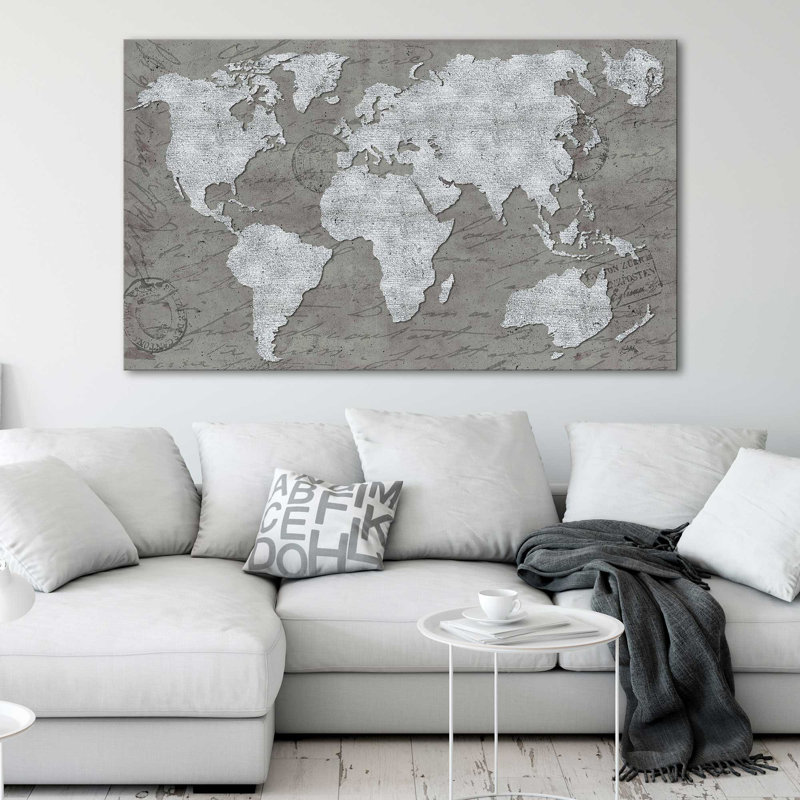 «World Map on Script» par Elizabeth Medley - impression, Toile tendue, H 36 po x l 60 po x P 1,5 po