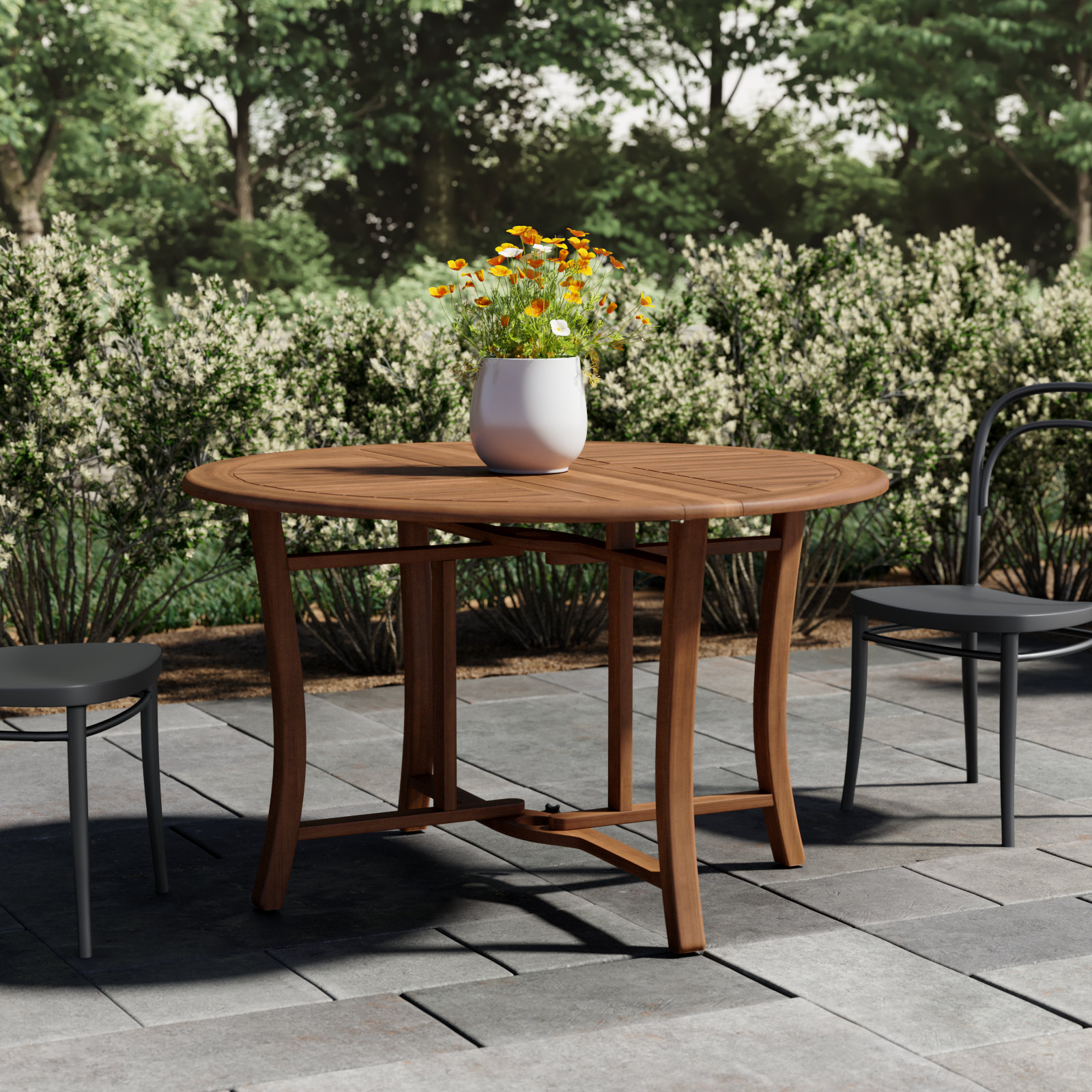 Suki Round Eucalyptus Folding Outdoor Dining Table with Umbrella Hole, 29'' H x 48" L x 48" D