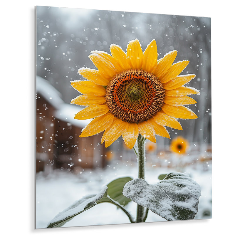 Tournesols campagnards dans une basse-cour enneigée II - Art mural en métal Sunflowers, H 32 po x l 16 po