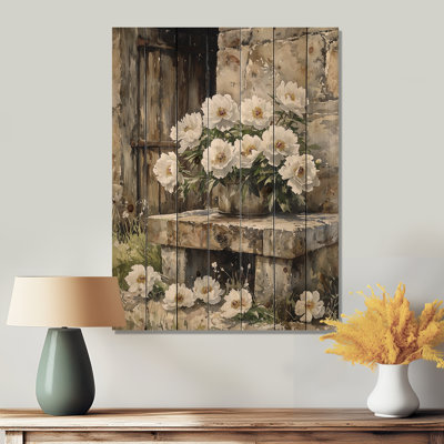 Peonies By The Watering Trough III - Peonies Wood Print - On Natural Pine Wood