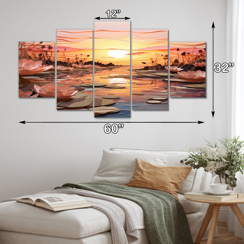Coucher de soleil harmonie rose - décor mural paysage coucher de soleil - 5 panneaux