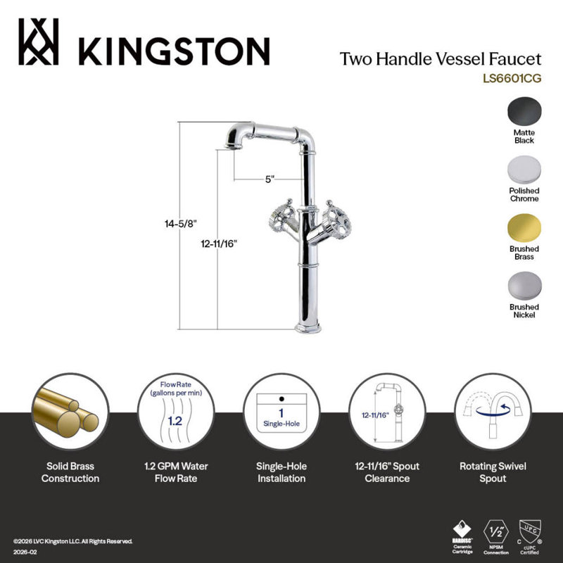 Robinet pour vasque à fixation sur comptoir à deux poignées et 1 trou Kingston Brass, Chrome chrome