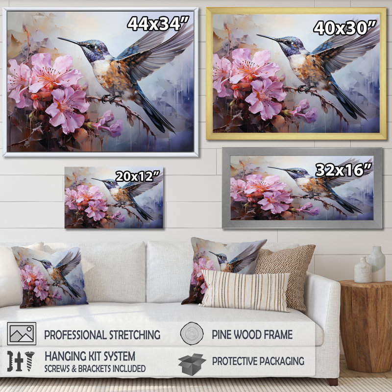 Colibri gris flottant Blooms II - Colibri, art mural animal, Cadre doré à coins fermés, H 24 po x l 32 po x P 1 po