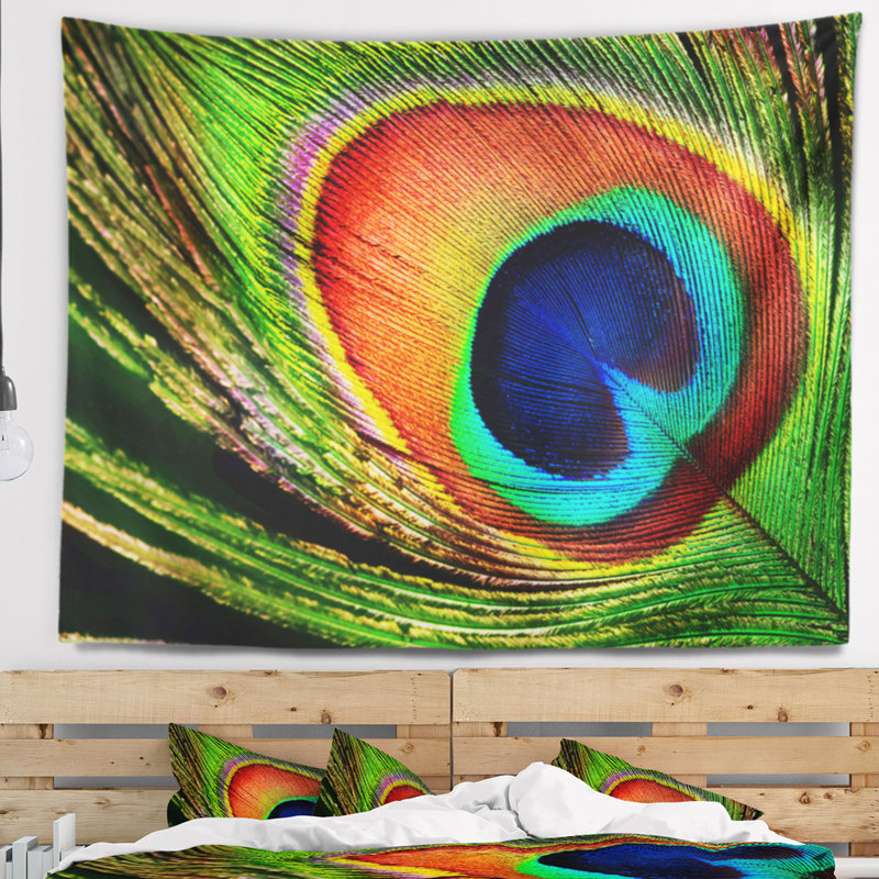 Photographie, tapisserie de plumes de paon, H 78 po x l 92 po