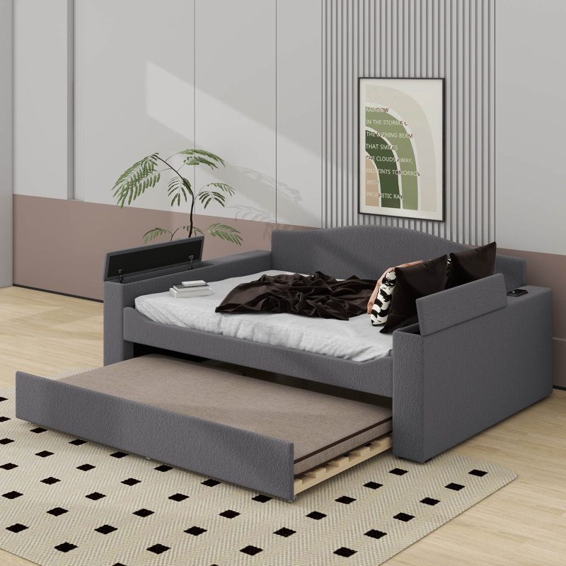 Lit de jour rembourré avec couchette, Gris, Lit double