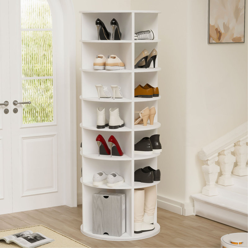 Rotating Shoe Rack Tower, 7-Tier Spinning Shoe Rack, Free Standing 360° Revolving Shoe Organizer, High Bottom Design Shoe Tower Spinning Storage Lazy Susany, Fits 28 Pairs Of Shoes (7-Tier White)