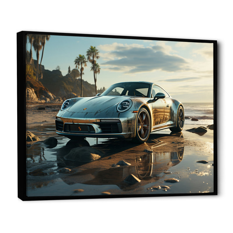 «German Car Beach Phtotography II», reproduction sur toile, H 16 po x l 32 po x P 1 po, Cadre flottant noir