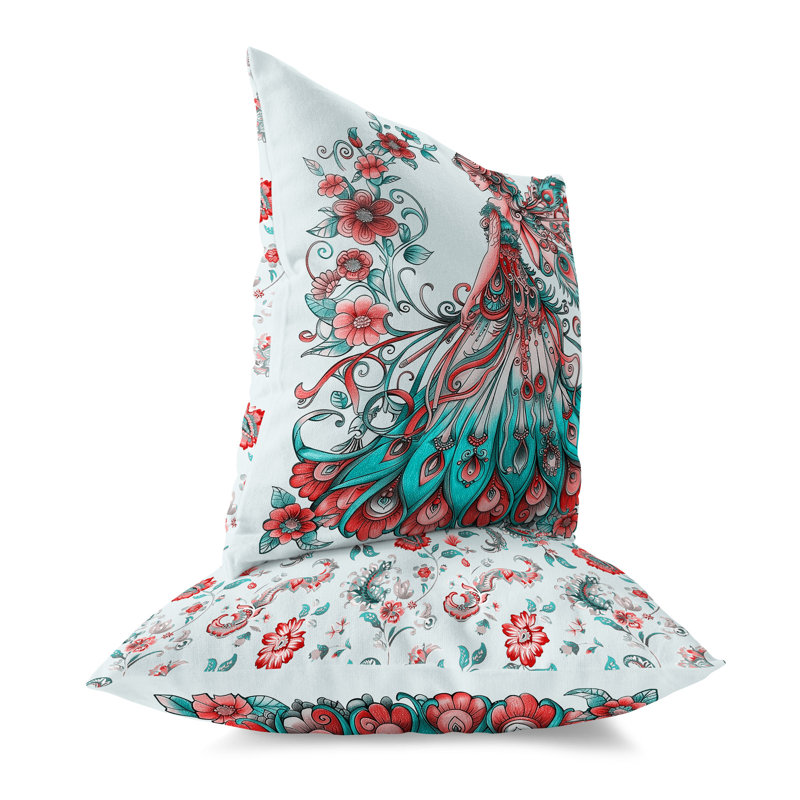 Coussin Floral, H 26 po x l 26 po, Bleu / rouge