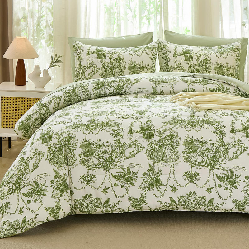 Ensemble d'édredon botanique 7 pièces Toile de Jouy - Ensemble de literie en microfibre douce, Vert sauge