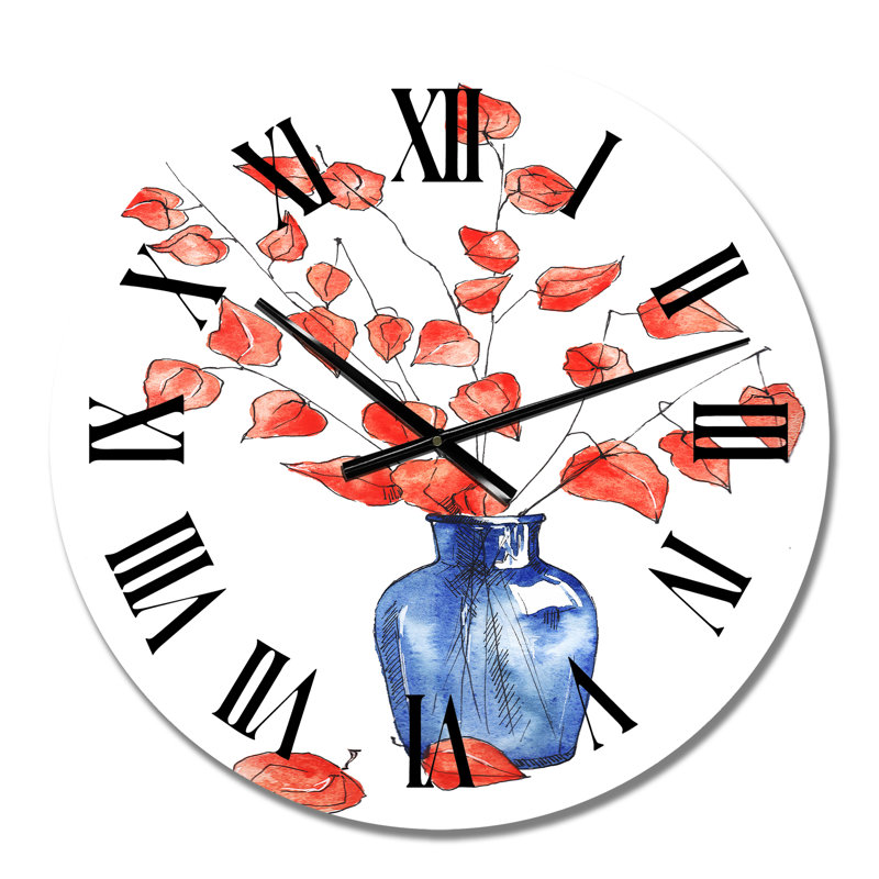 Automne nature morte avec vase bleu, fleurs orange - horloge murale traditionnelle, Petit