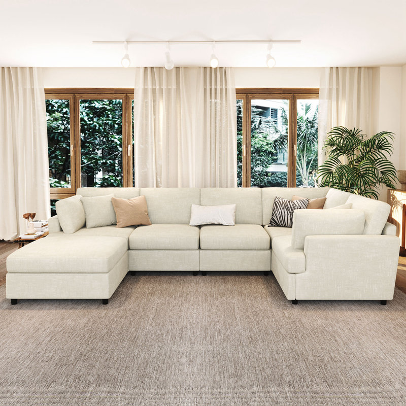 Canapé modulaire en U avec repose-pieds mobile, Chenille beige