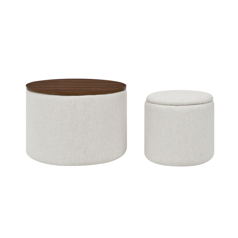 Round Chenille Storage Footrest - Beige, , Hidden Compartment 2 Beige Seat Place, Surface, Drum Stool, Beige