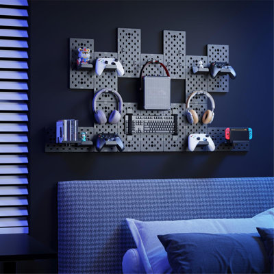 Controller And Headphone Holder Wall Mount, Modular Gaming Pegboard With Accessories, Controller Stand, Disc Shelf Organizer(14Pcs/Black)