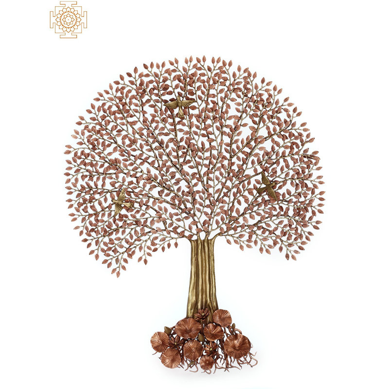 46" Gold Plated Brass Tree of Life Wall Mounted Sculpture - Handmade Home Decor for Living Room Accent Wall