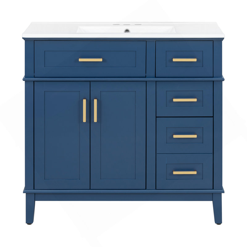 36" Blue Modern Bathroom Vanity With Ceramic Sink, Soft-Close Door, And 4 Storage Drawers, Offering A Refined Look With Practical Everyday Functionality.